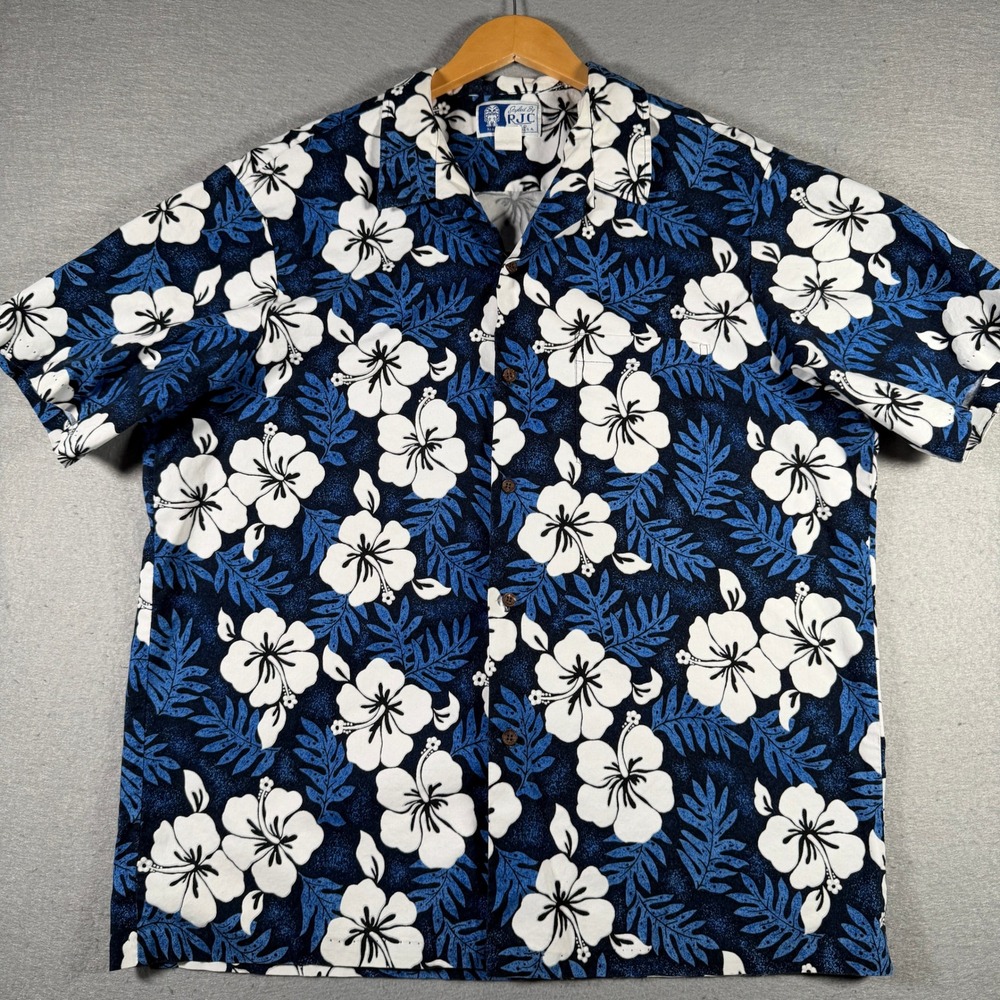 RJC Mens 2XL Blue White Hibiscus Floral Hawaiian Aloha Shirt Made in Hawaii USA